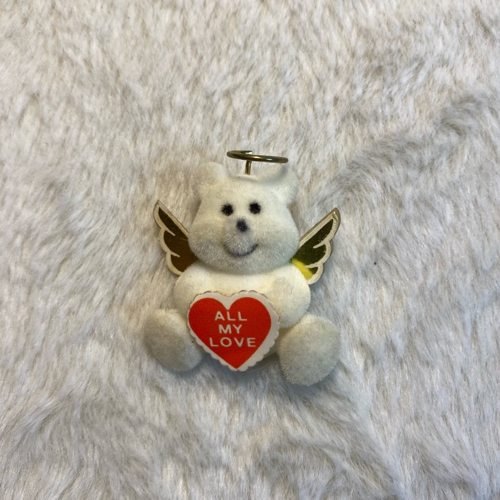 White & Gold Felt Angel Bear Pin with Heart ‘All My Love’ & Wings Vintage 1.5in